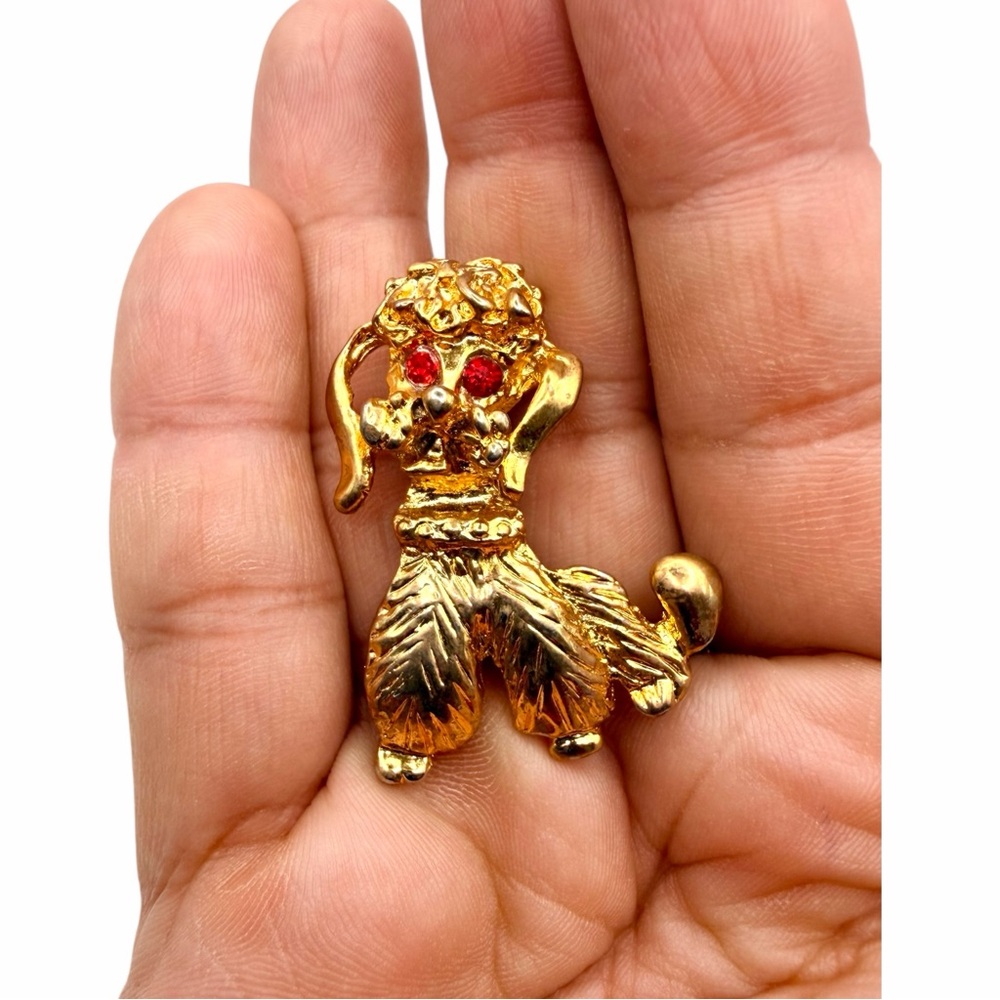 Vintage Gold-Tone Poodle Brooch With Red Rhinestone Eyes - Picture 3 of 15